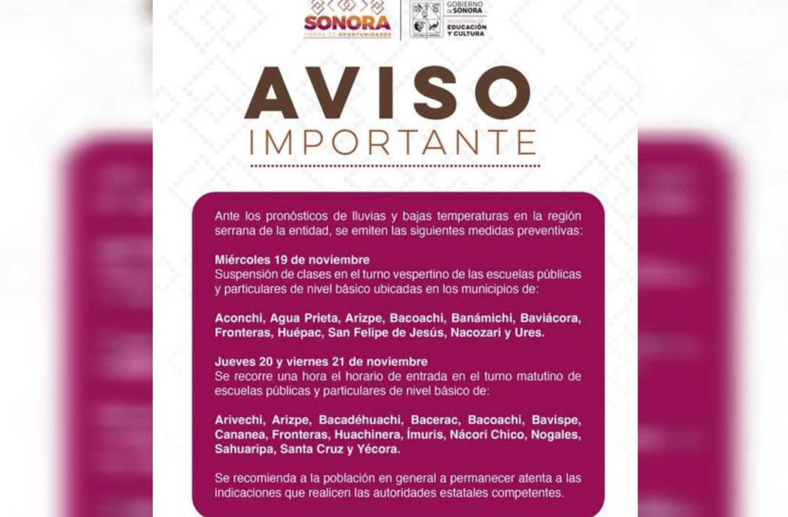 Suspenden clases y ajustan horarios en la sierra ante
lluvias y frío extremo